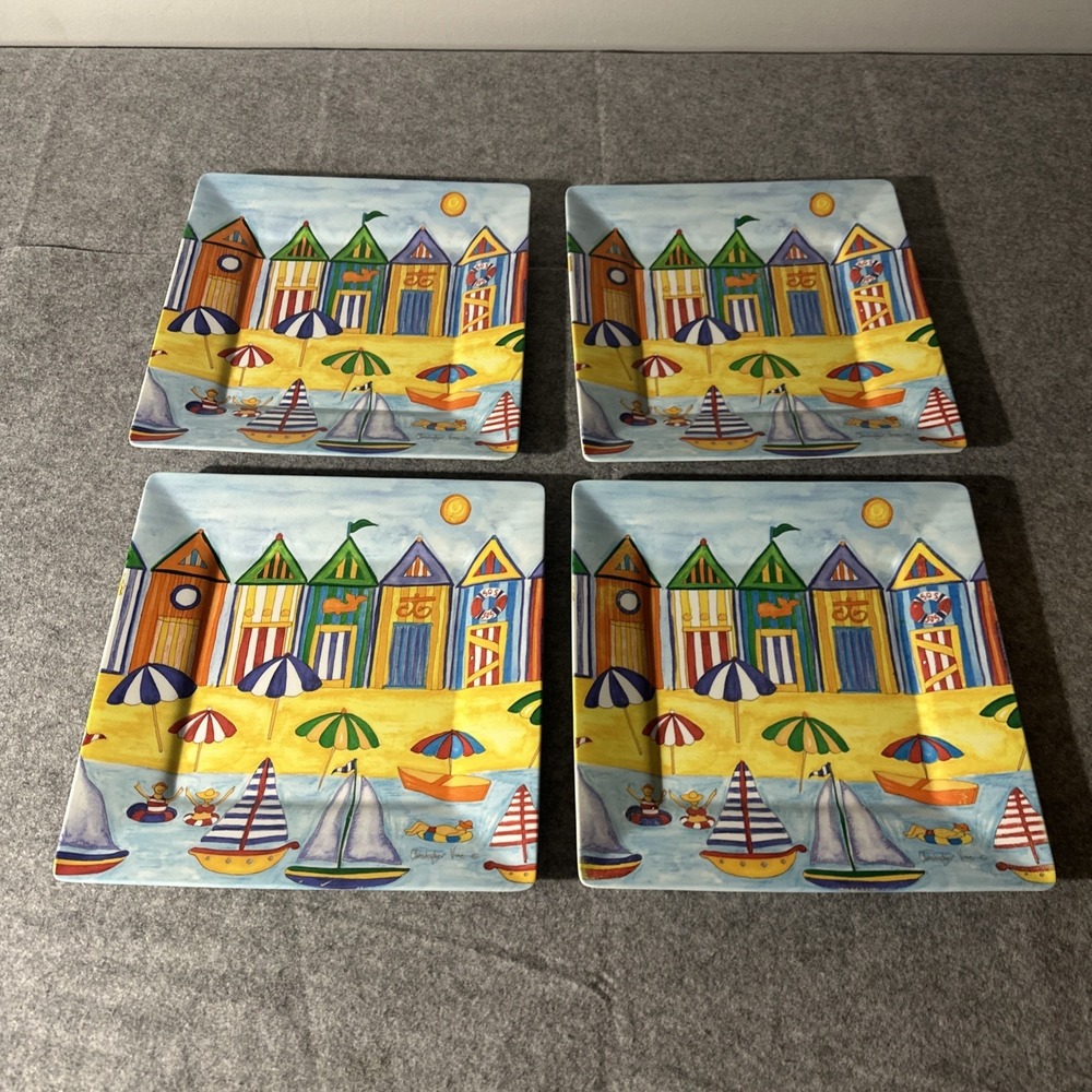 Melamine Sq Plate Set 4 Beach Scene Christopher Vine Plastic Dinner Nautical - Picture 2 of 11